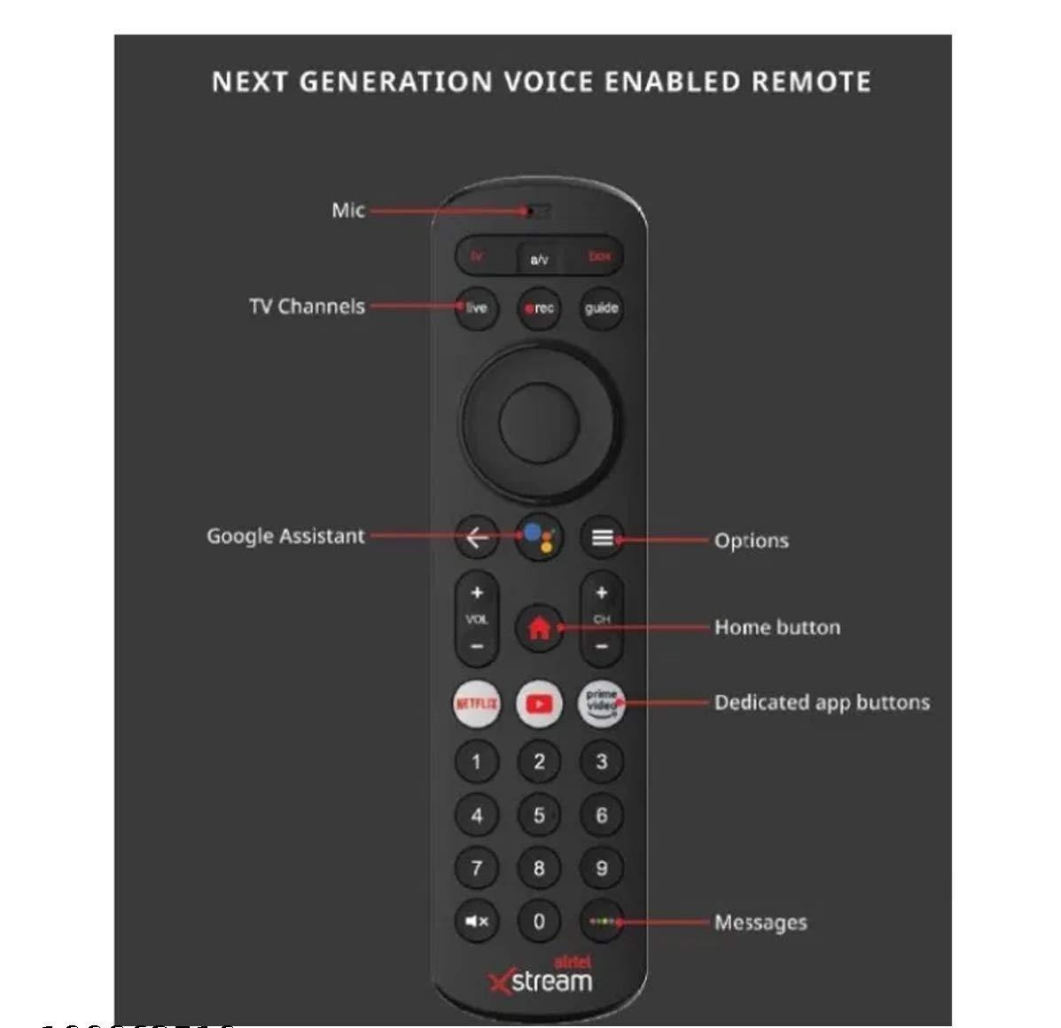 VEV Airtel Xstream Voice Assistant Remote Compatible For Airtel Xstream Set-Top Box Remote Control With Netflix Function (Black)