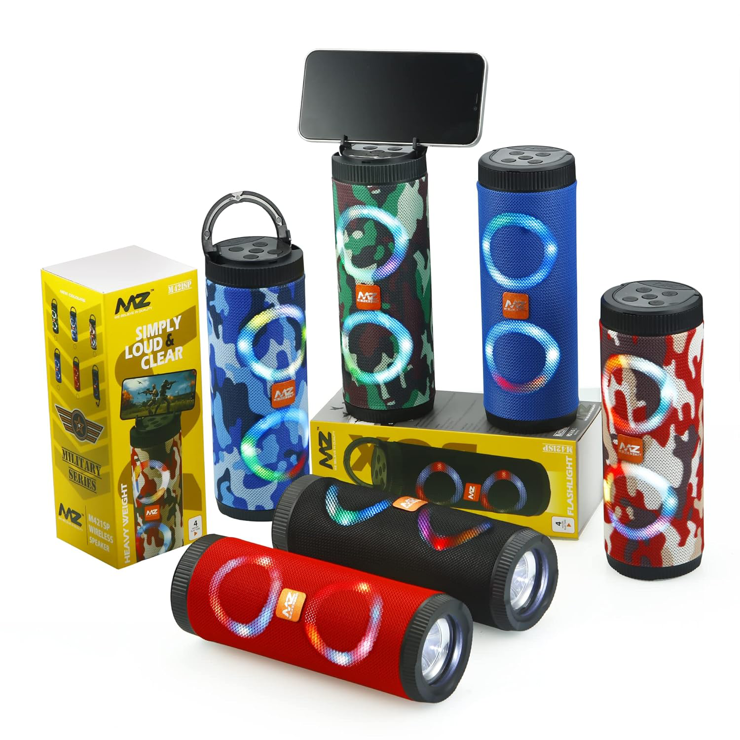 MZ M421SP Portable Wireless Speaker with Mobile Holder | USB | SD Card Slot & FM Support (Red Camouflage)