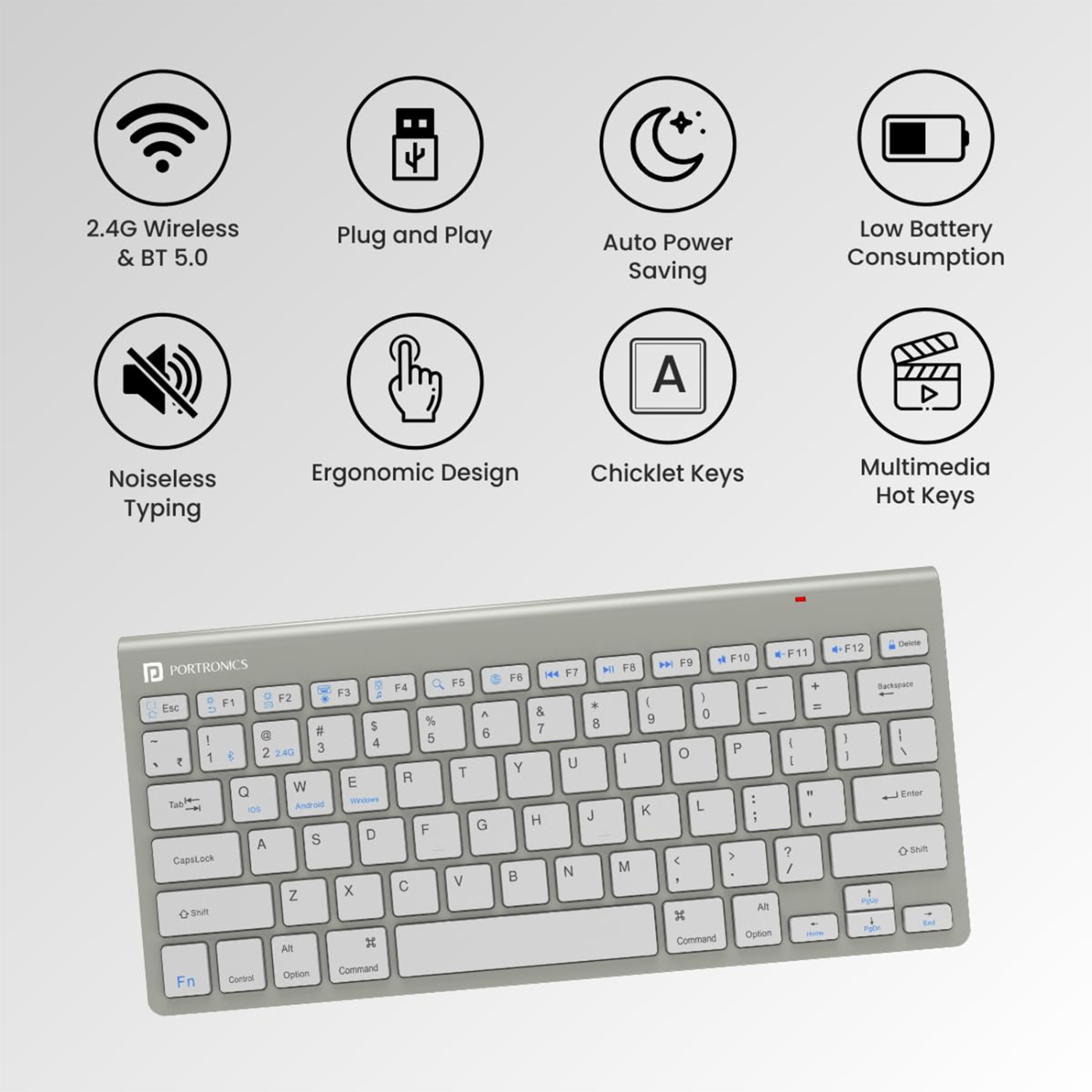 Portronics Bubble Max Wireless Keyboard with Bluetooth & 2.4 GHz Dual Connectivity, Noiseless Keys, Connect Upto 2 Devices, Spill-Resistant Compact Design (White)