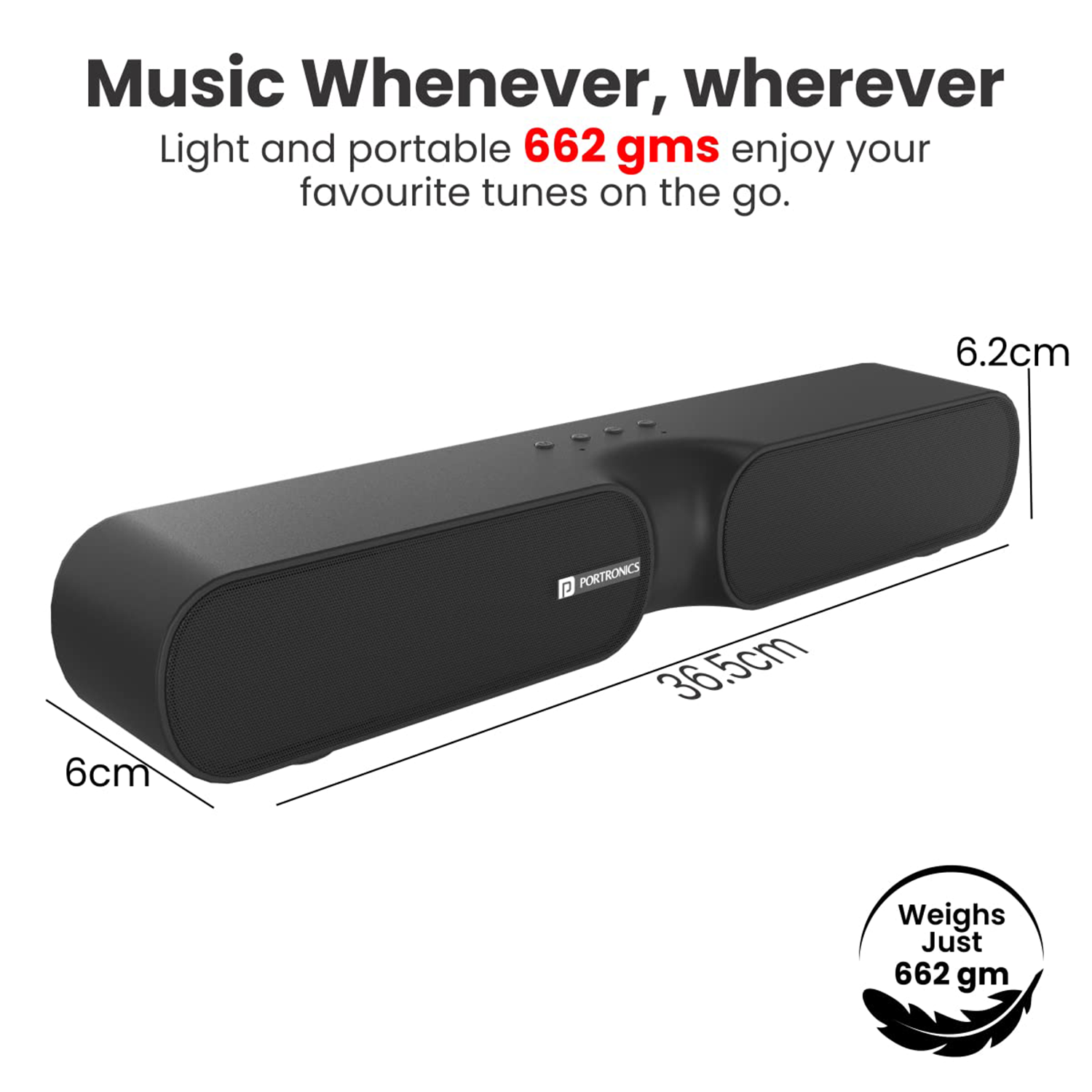 Portronics DECIBEL 20 16W Wireless Bluetooth Soundbar, Built-in Radio FM, 3.5mm Aux Slot, HQ Stereo Sound, Long Playtime(Black)