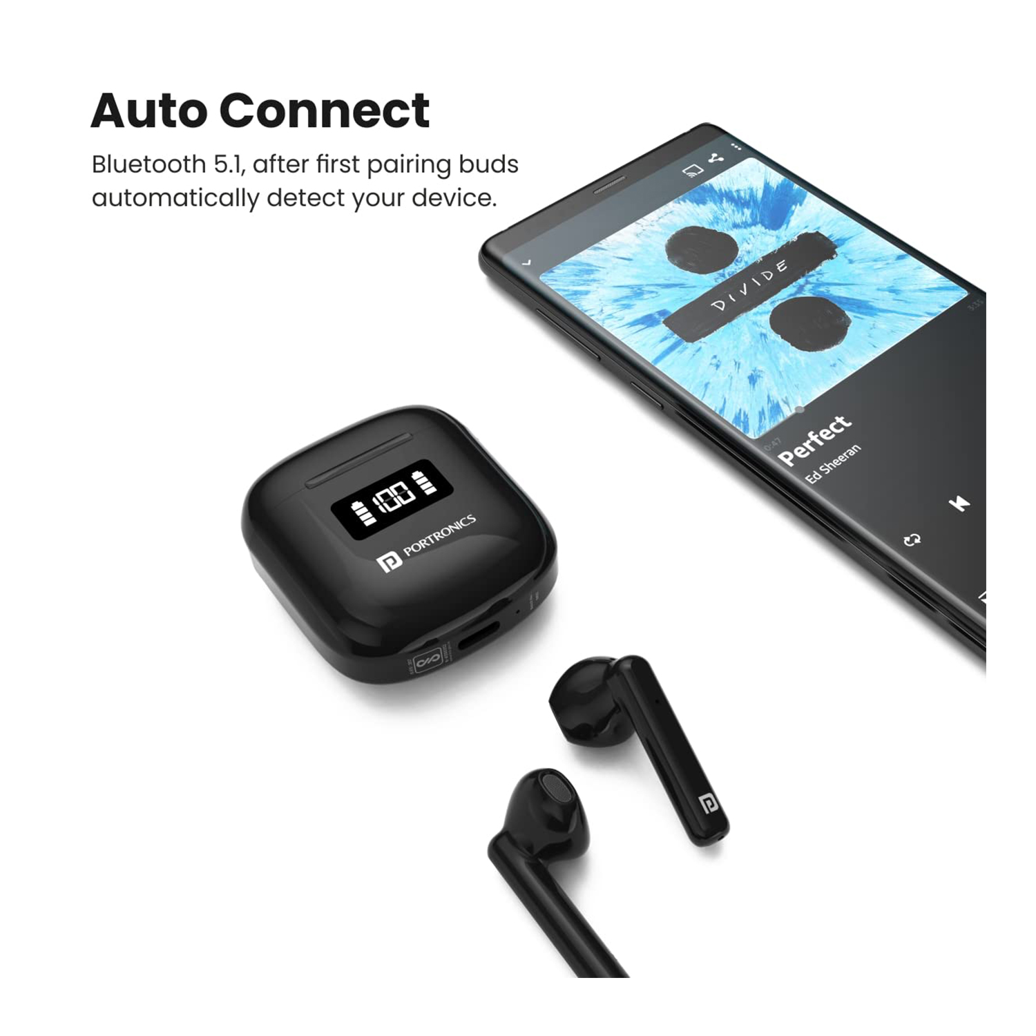 Portronics Harmonics Twins 26 TWS Earbuds with ENC, Bluetooth 5.1, 13mm Driver, 27Hrs Playtime, Digital Display, Type C Charging, Dual Mic.(Black)
