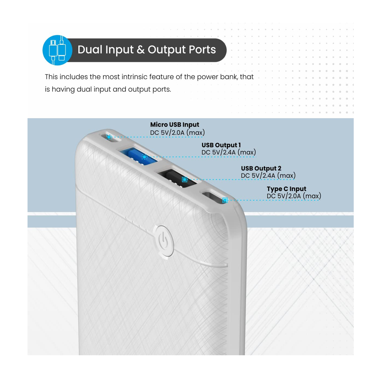 Portronics Power Brick II 10000 mAh, 2.4A 12w Slim Power Bank with Dual USB Output Port for iPhone, Anrdoid & Other Devices (White)