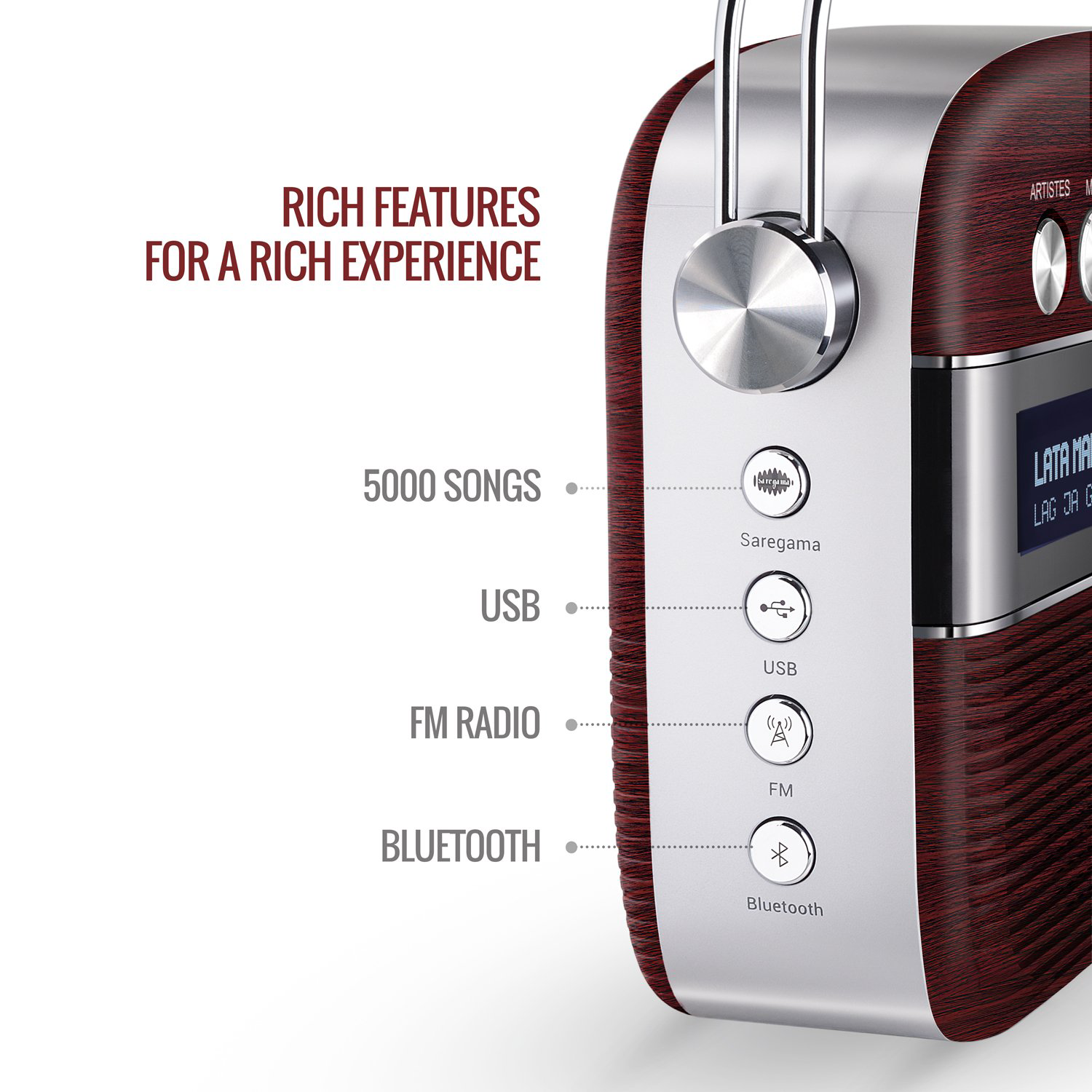 Carvaan Saregama Carvaan Marathi - Portable Music Player with 5000 Preloaded Songs, FM/Bluetooth/USB/Rechargeable Battery (Cherrywood Red)