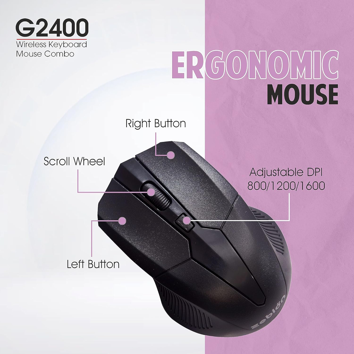 ZEBION G2400 Wireless Keyboard Mouse Combo with Nano Receiver, Slim, Elegant and Ergonomic chiclet Design, Tested with Over 1 Million keystrokes and clicks (Black)