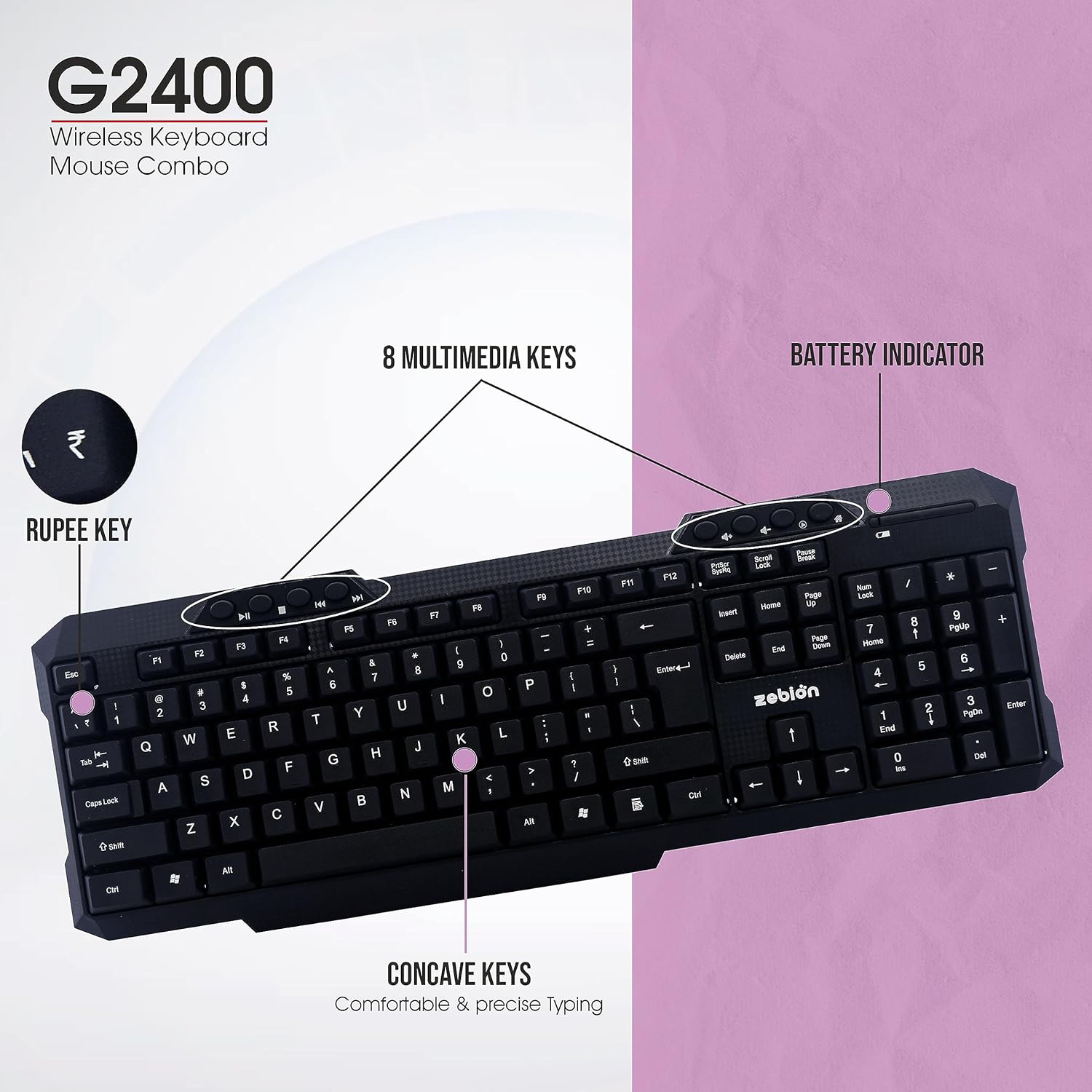 ZEBION G2400 Wireless Keyboard Mouse Combo with Nano Receiver, Slim, Elegant and Ergonomic chiclet Design, Tested with Over 1 Million keystrokes and clicks (Black)