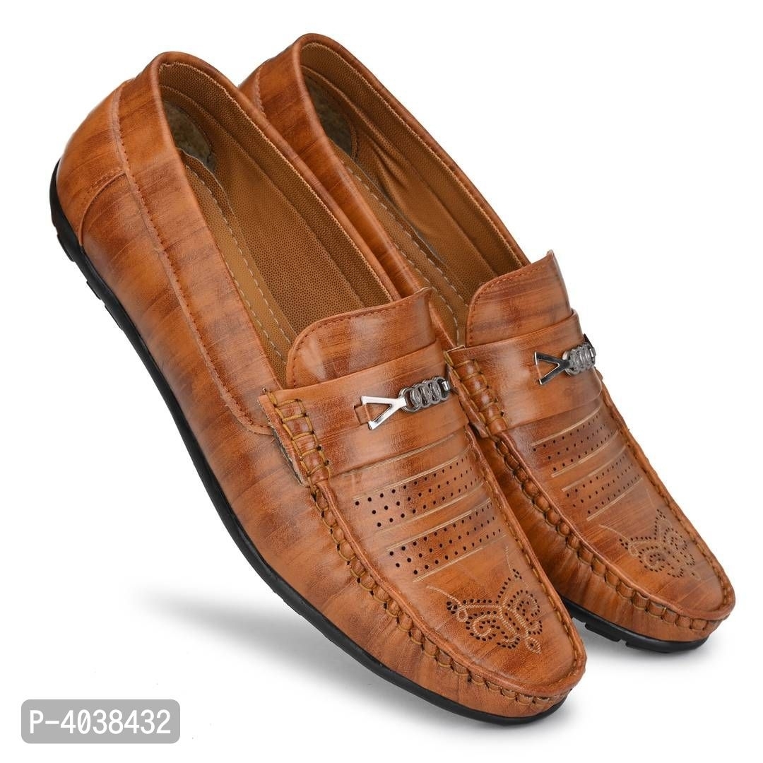 Stylish Leather Tan Brown Party Daily Wear Slip-On Ethnic Casual Men Loafers Shoes - 9UK