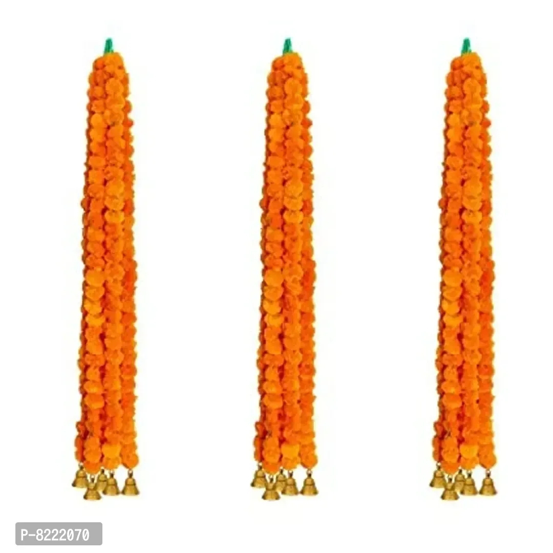 NSCC Artificial Marigold Fluffy Flowers and Golden Hanging Bells Short Garlands/Torans/Wall hangings/Latkans for Decorati