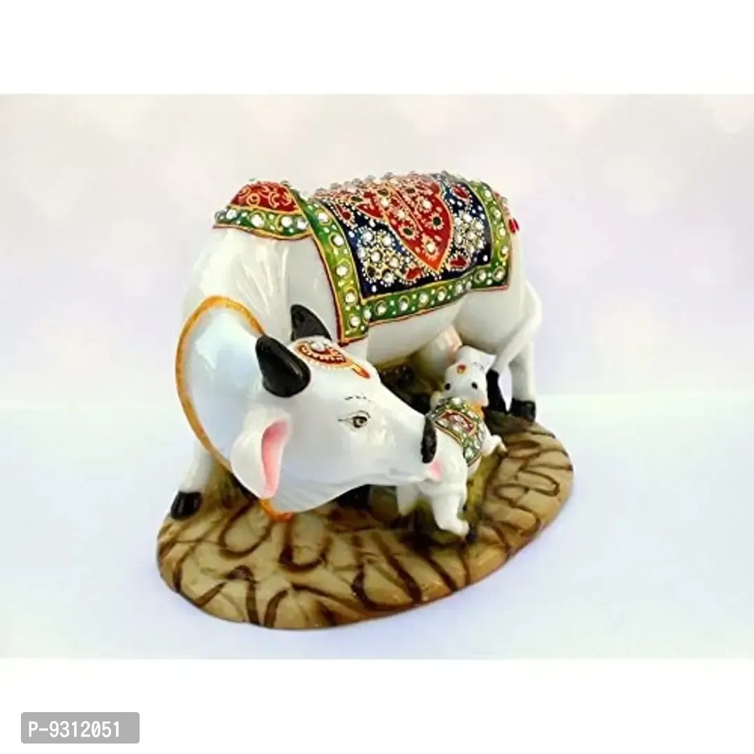 Saudeep India Good Luck Gift Items Art Handicraftgiftgallery Decorative Marble dust/Polyresin Cow and Calf Showpiece Idols and Figurines(White)