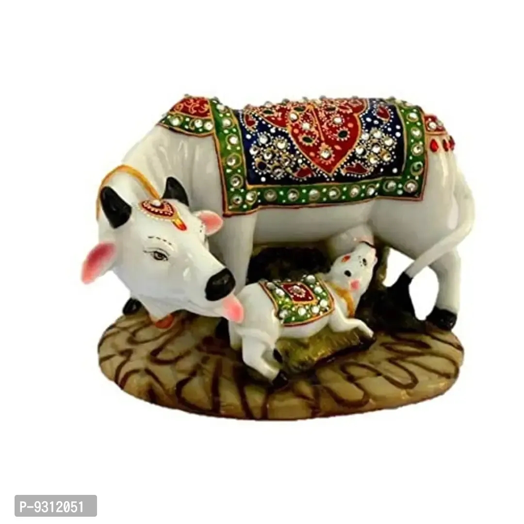 Saudeep India Good Luck Gift Items Art Handicraftgiftgallery Decorative Marble dust/Polyresin Cow and Calf Showpiece Idols and Figurines(White)