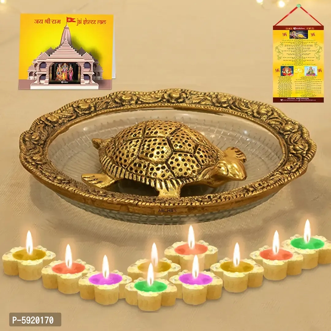 Feng Shui Gold-Toned Turtle with Diwali Aarti Scroll,3D Greeting Card,and 10 Diyas (Gift Pack of 13)