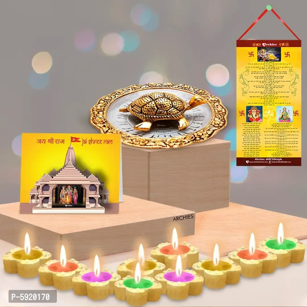 Feng Shui Gold-Toned Turtle with Diwali Aarti Scroll,3D Greeting Card,and 10 Diyas (Gift Pack of 13)