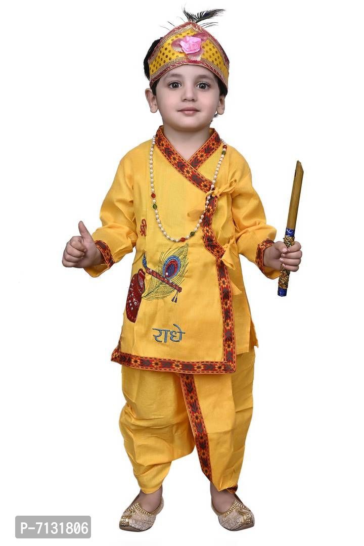 Beautiful Cotton Blend Yellow Self Pattern Krishna Dress For Kids - 6-12 Month