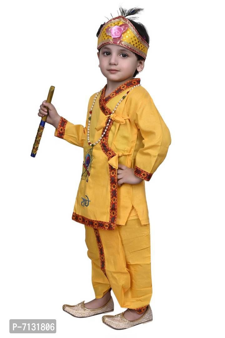 Beautiful Cotton Blend Yellow Self Pattern Krishna Dress For Kids - 6-12 Month