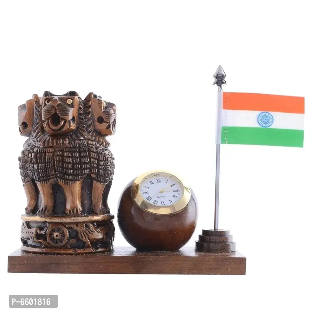 Wooden pen Holder With Ashoka pillar and Flag and lclock