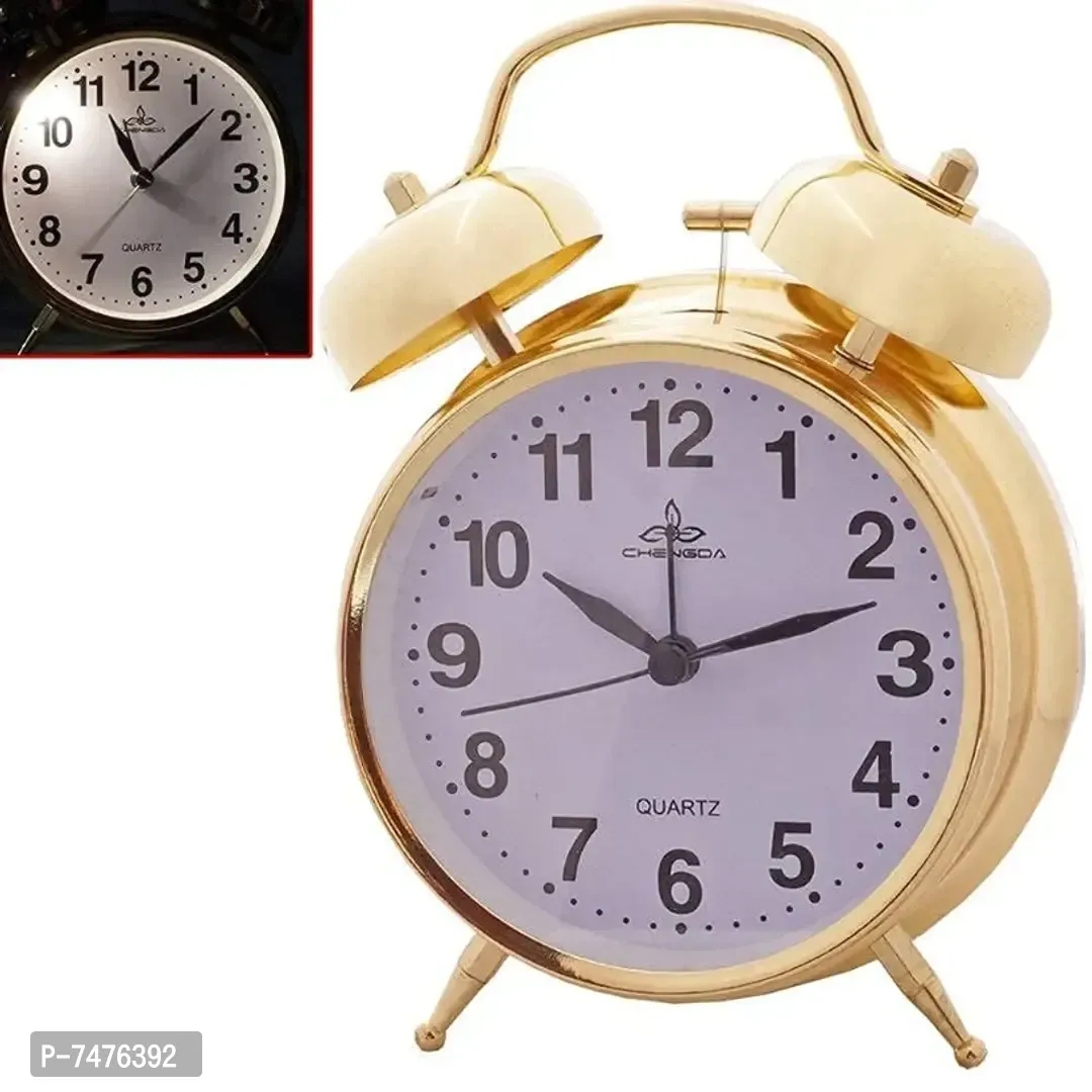 Metal Table Alarm Clock Vintage Look Twin Bell with Night LED Display and Loud Sound Alarm Voice for Student for Kids Bedroom Perfect for Heavy Sleepers (Gold)