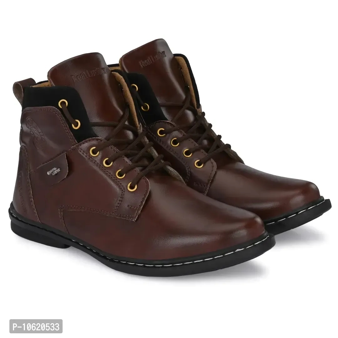 Stylish Leather Dark Brown Lace Ups High Ankle Length Mens Casual Boots - Brown, 6UK