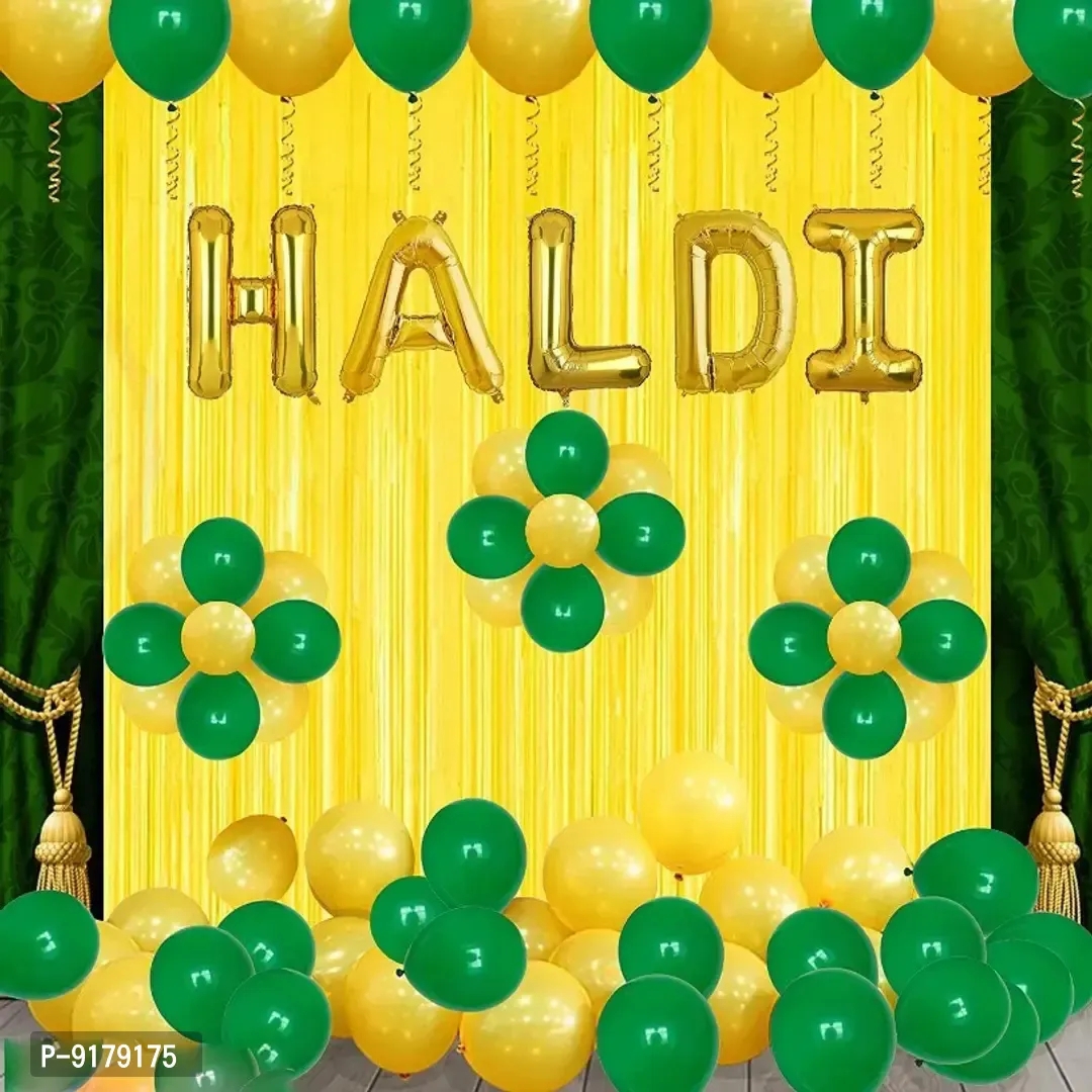 Haldi Ceremony Balloons Decoration Set of 47 Pcs(2 pcs Yellow Foil Curtain, 5 letters HALDI Foil Balloon, 20+20 pcs Green and Gold Metallic Balloons