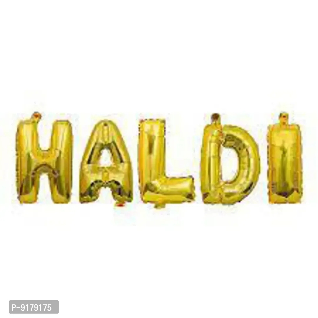 Haldi Ceremony Balloons Decoration Set of 47 Pcs(2 pcs Yellow Foil Curtain, 5 letters HALDI Foil Balloon, 20+20 pcs Green and Gold Metallic Balloons