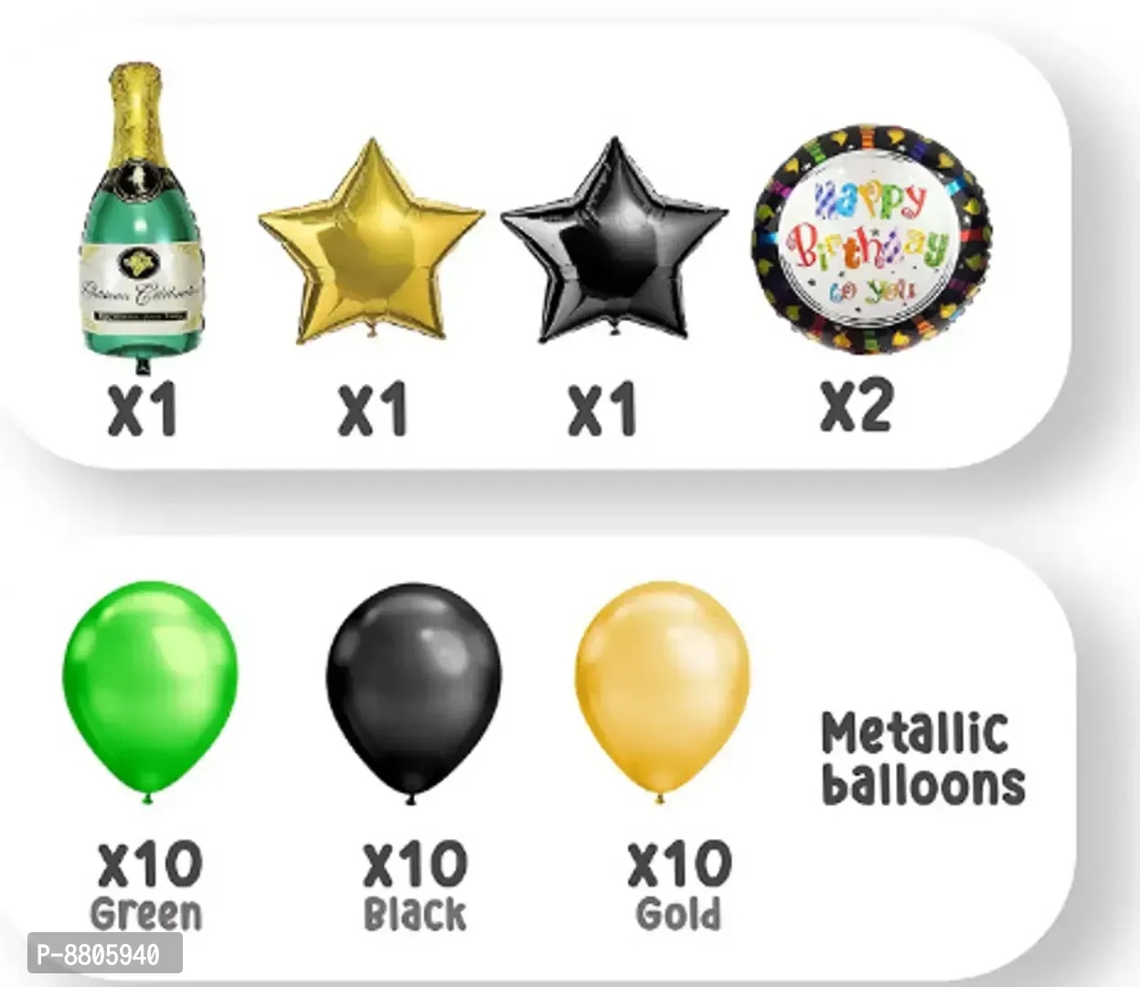 Set Of 35 Pieces - Black Gold Stars ,Champagne Bottle ,Printed Happy Birthday ,Green Theme Metallic Foil Balloons