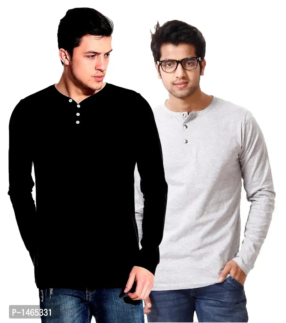 Multicoloured Cotton Blend Solid Henley Tees Pack of 2 - 2XL