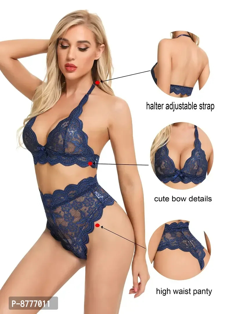 Stylish Dark Blue Lace Bra And Panty Set For Women