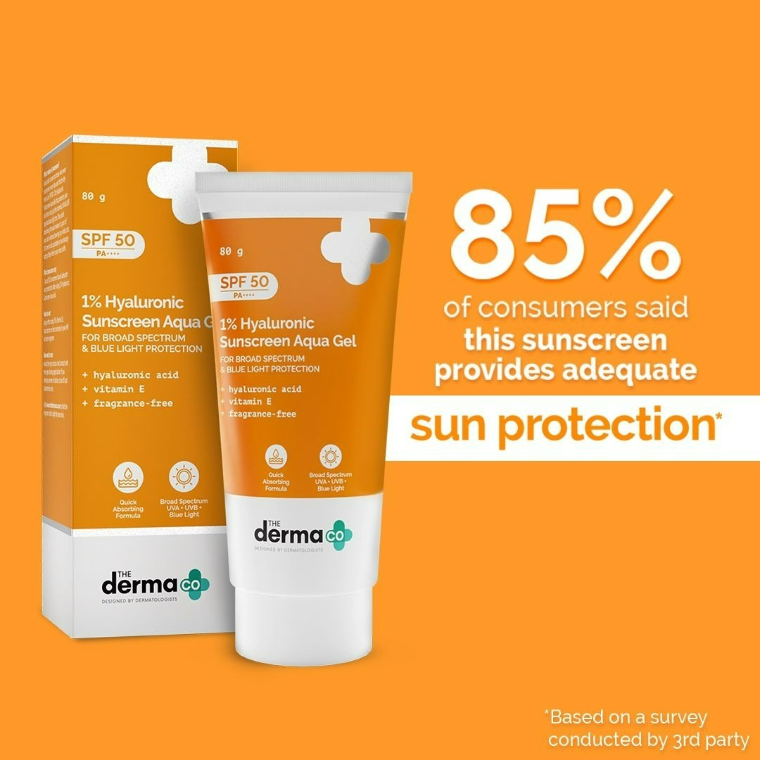 The Derma Co 1% Hyaluronic Sunscreen Aqua Gel with SPF 50 & PA++++ - 80g Lightweight & Quick Absorbing | No White Cast