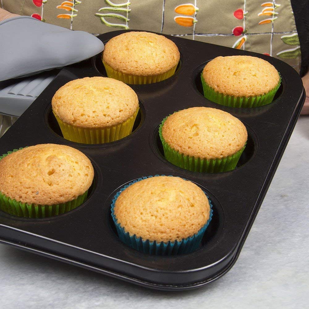 Carbon Steel Cup Cake Tray for 6 Muffins Bakeware  Non-Stick Muffin Tray  (Black) (With Free Muffin Liners)