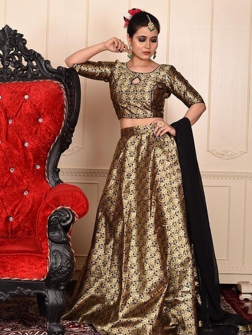 Black-gold Partywear Woven Zari Banarasi Jacquard Lehenga Choli