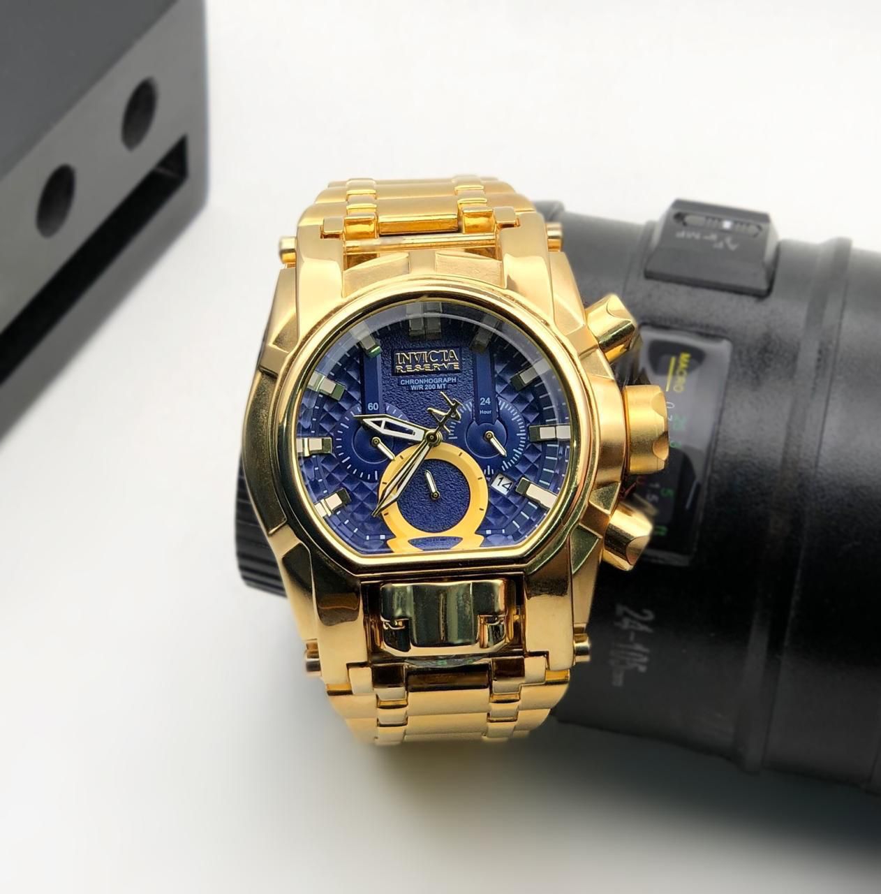 INVICTA RESERVE BOLT ZEUS MAGNUM MENS QUARTZ 52MM GOLDEN PLATING BLUE DIAL* - Gold