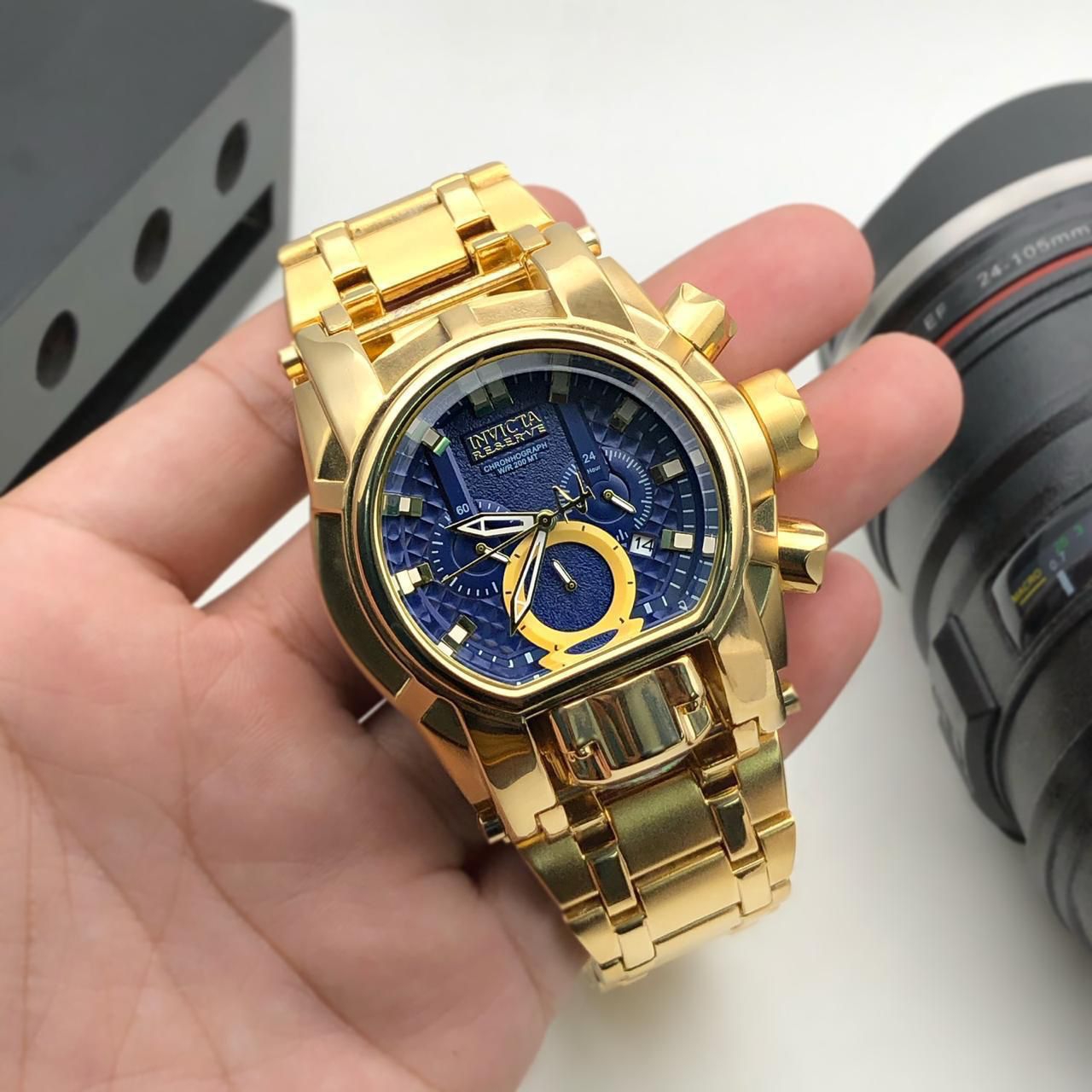 INVICTA RESERVE BOLT ZEUS MAGNUM MENS QUARTZ 52MM GOLDEN PLATING BLUE DIAL* - Gold