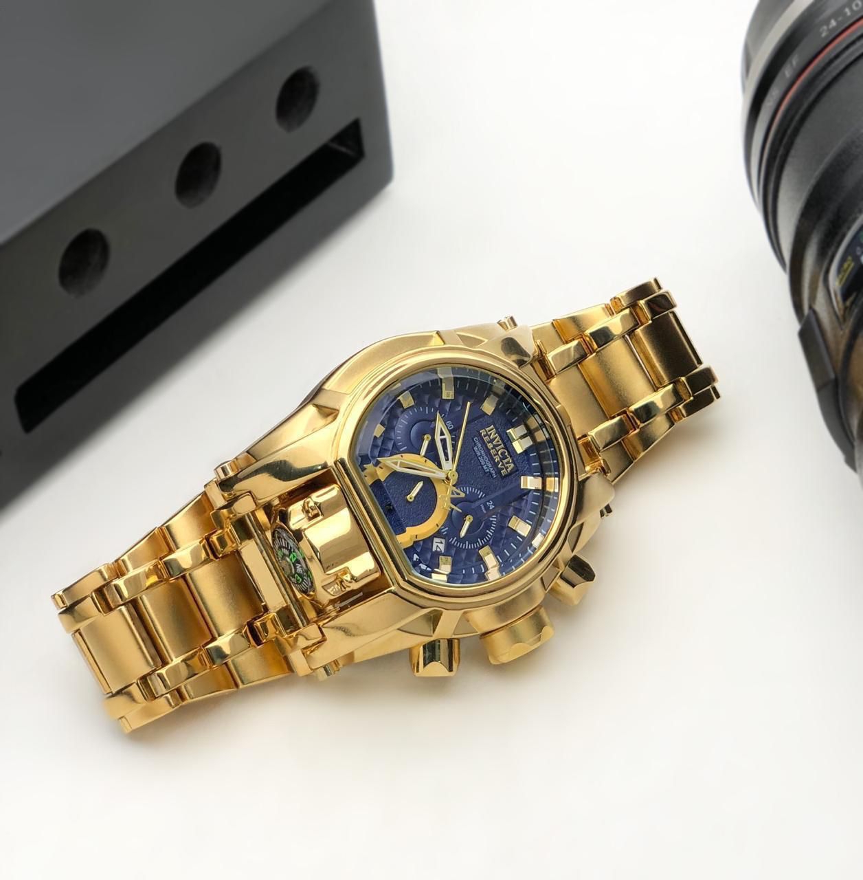 INVICTA RESERVE BOLT ZEUS MAGNUM MENS QUARTZ 52MM GOLDEN PLATING BLUE DIAL* - Gold