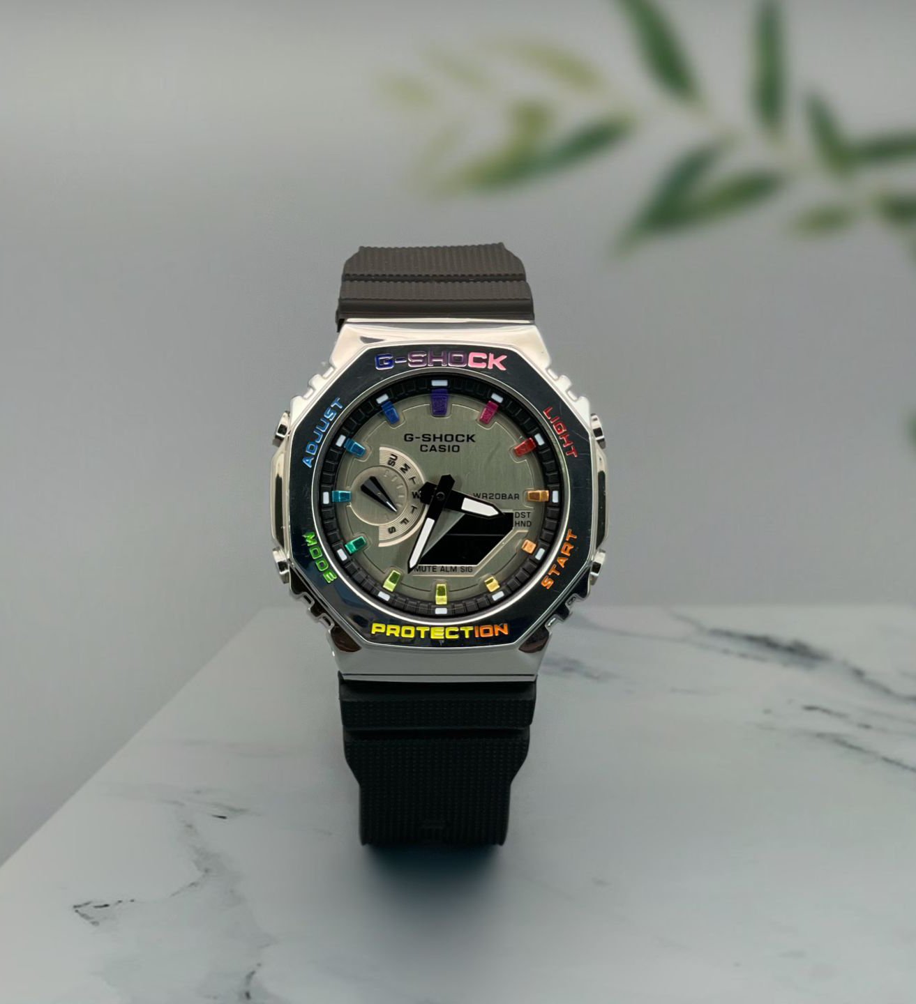 *G-Shock CasiOak Silver Steel Rainbow,Crafted with a stainless Silver Steel case and rubber strap*