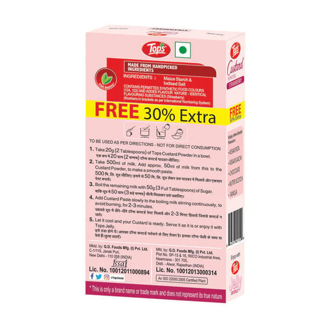 Tops Custard Powder Strawberry - 100g + Free 30% Extra Mono Carton