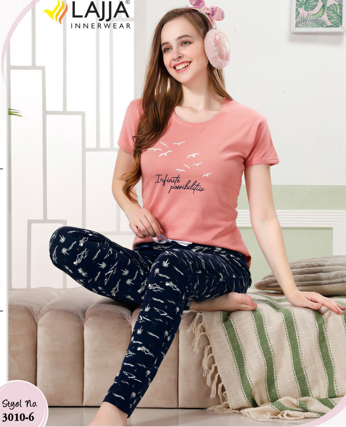 Buy Clovia Cotton Print Me Pretty Pyjama & T-shirt Set -Blue online