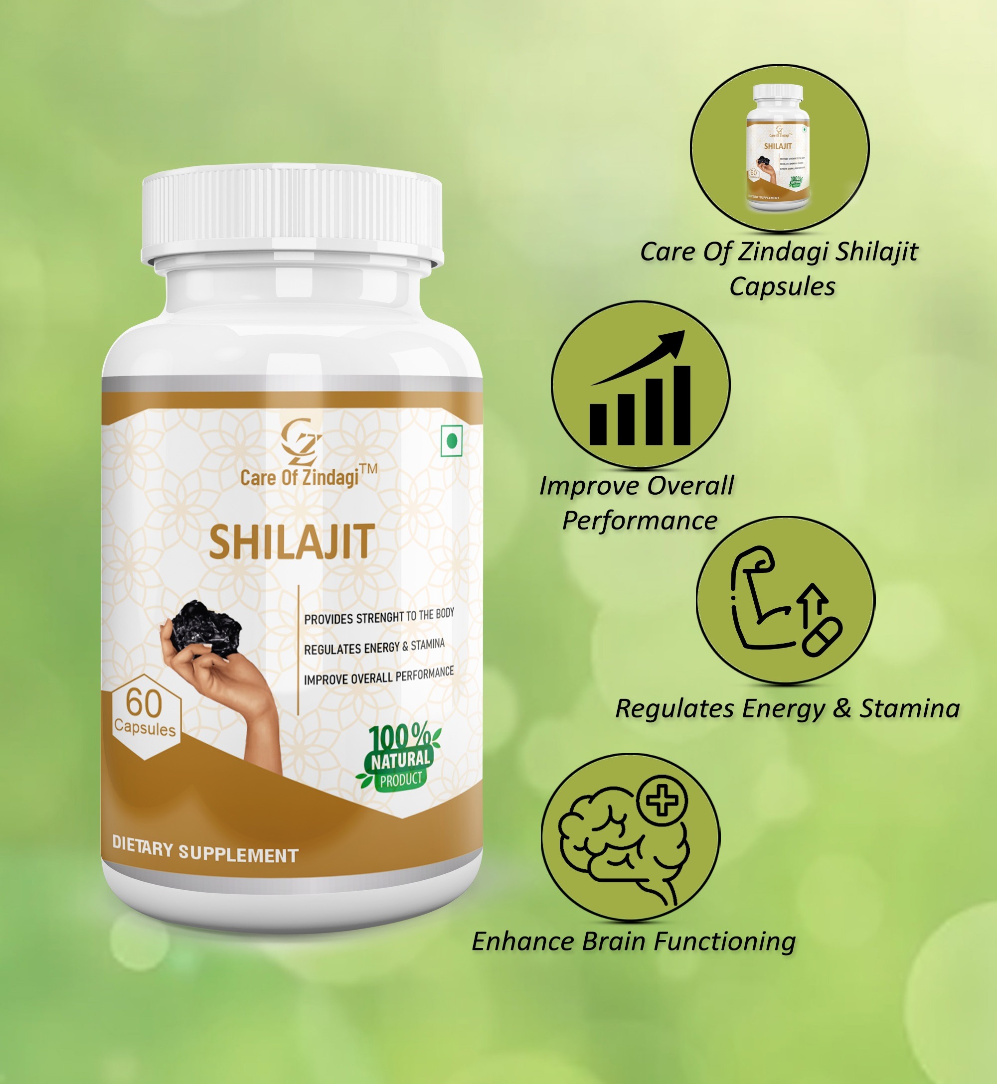 Care of Zindagi Shilajit Capsule - 420mg for Strength, Stamina, Energy & Overall Performance - 60 Capsules - 60 Capsules, Nov-2023, 24 Months