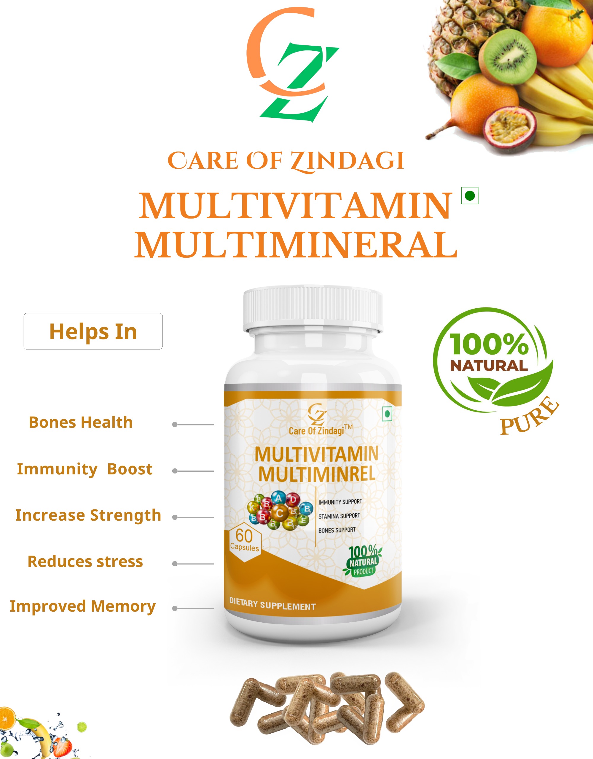 Care Of Zindagi Multivitamins Multiminerals Capsules For Bones , Immunity & Strength - 60 Capsules  - 60 capsules, 24 Months