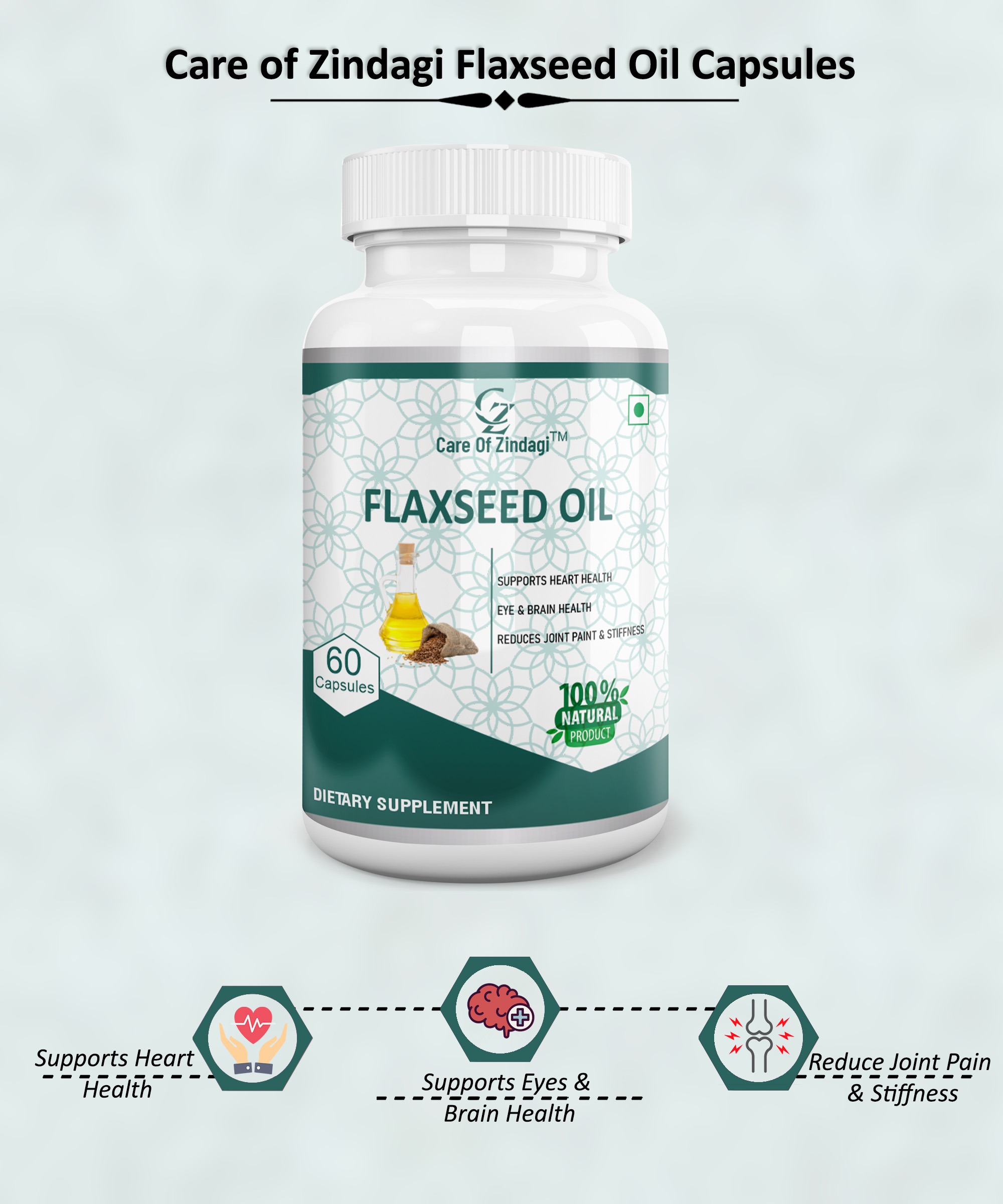 Care Of Zindagi Flaxseed Oil Capsules 1000mg  With Omega 3 6 9 | Helps In Heart problem, Brain, Joint Pain & Stiffness - 60 capsules  - 60 Capsules, Nov-2023, 24 Months