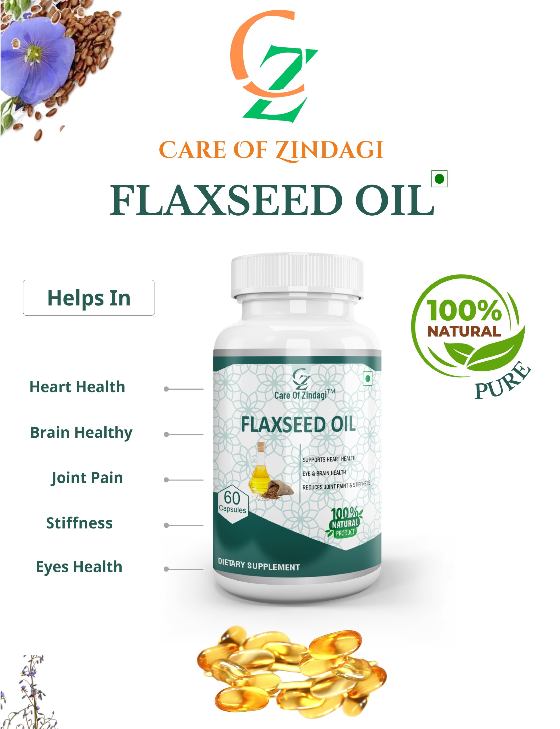 Care Of Zindagi Flaxseed Oil Capsules 1000mg  With Omega 3 6 9 | Helps In Heart problem, Brain, Joint Pain & Stiffness - 60 capsules  - 60 Capsules, Nov-2023, 24 Months