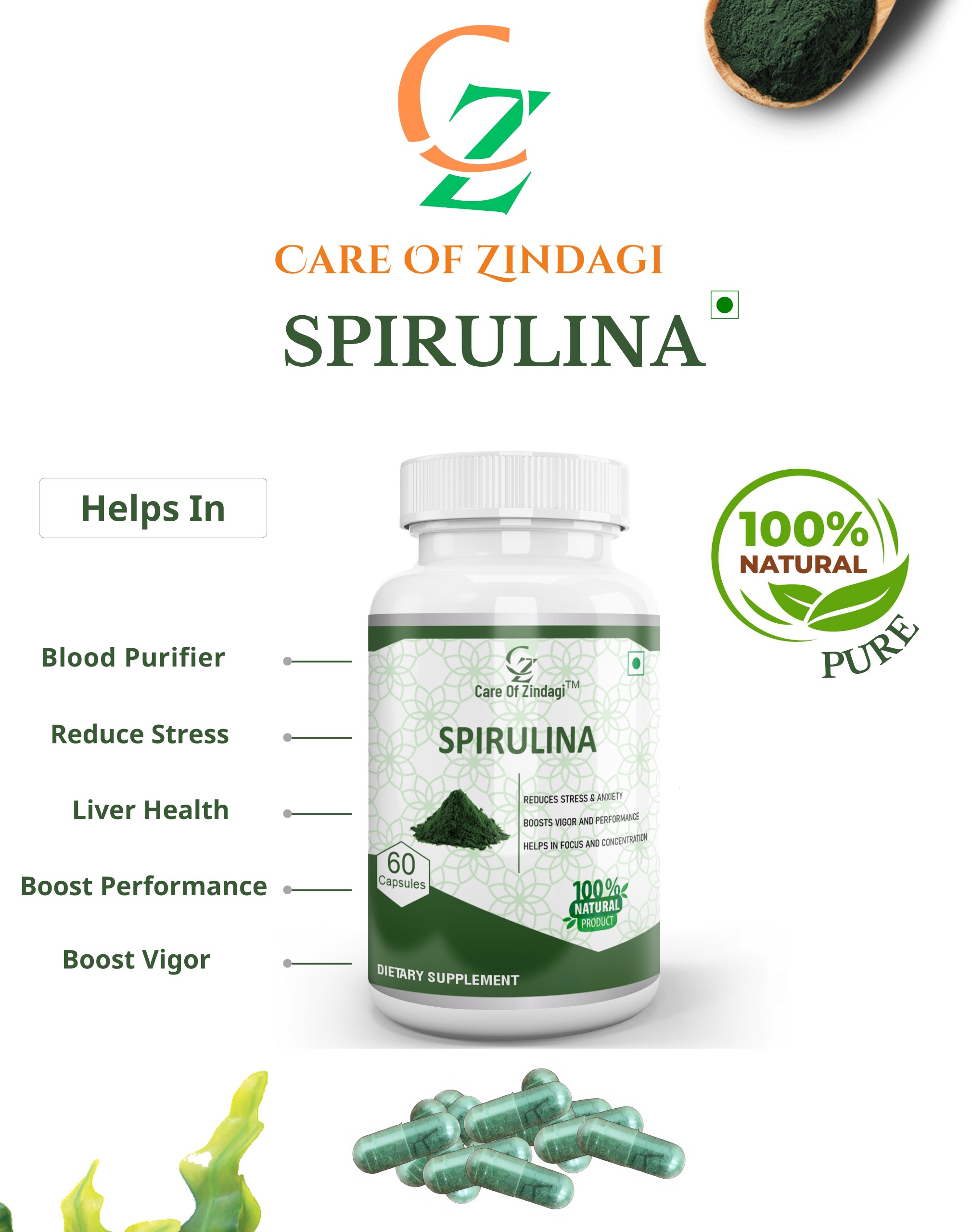 Care Of Zindagi Spirulina Capsules 500mg | Immunity Booster, Liver & Blood Purifier - 60 capsules  - 60 Capsules, Nov-2023, 24 Months