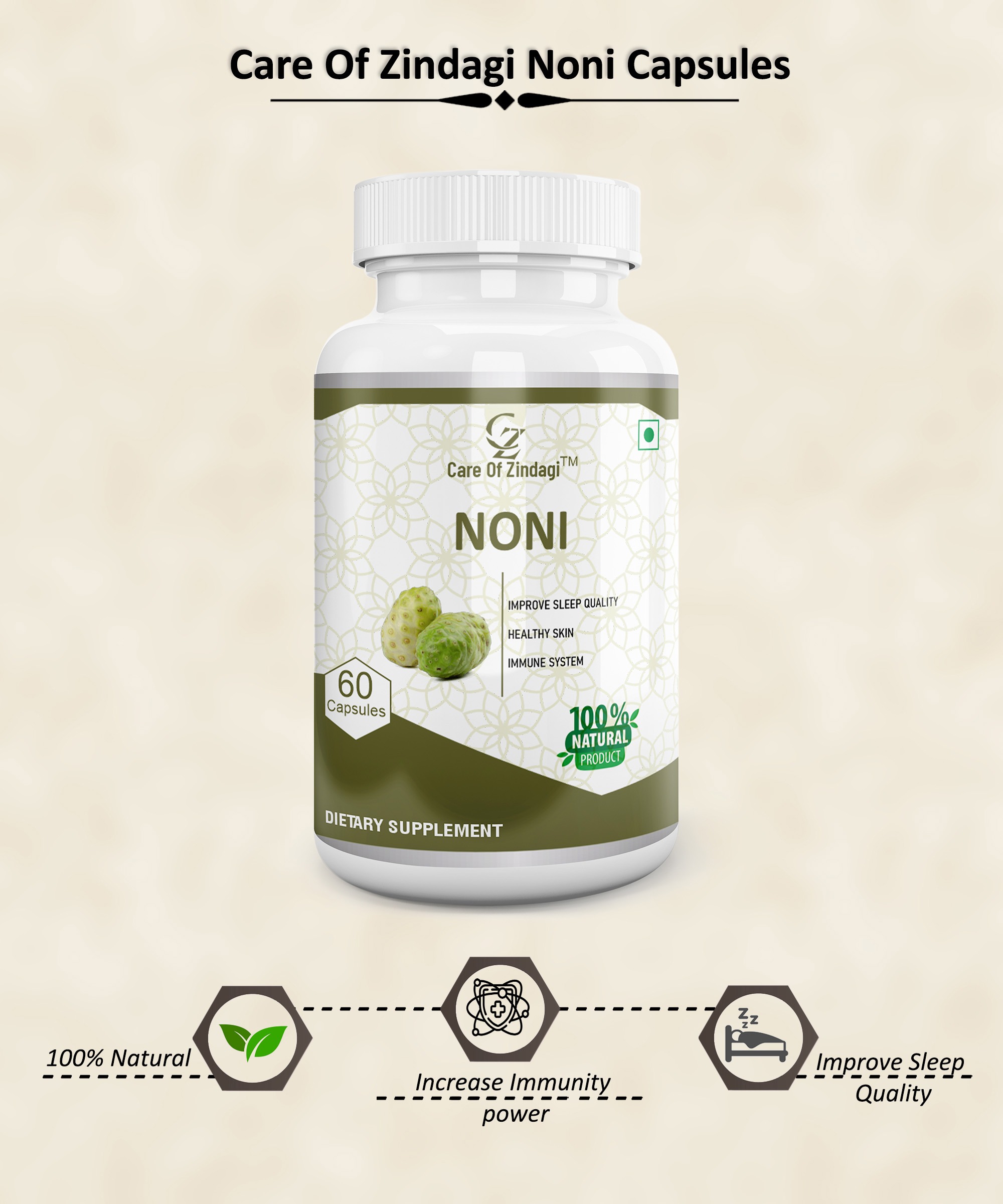 Care Of Zindagi Noni capsules 500mg For Healthy Skin, Immunity & Healthy Better Sleep - 60 capsules - 60 Capsules, April-2023, 24 Months