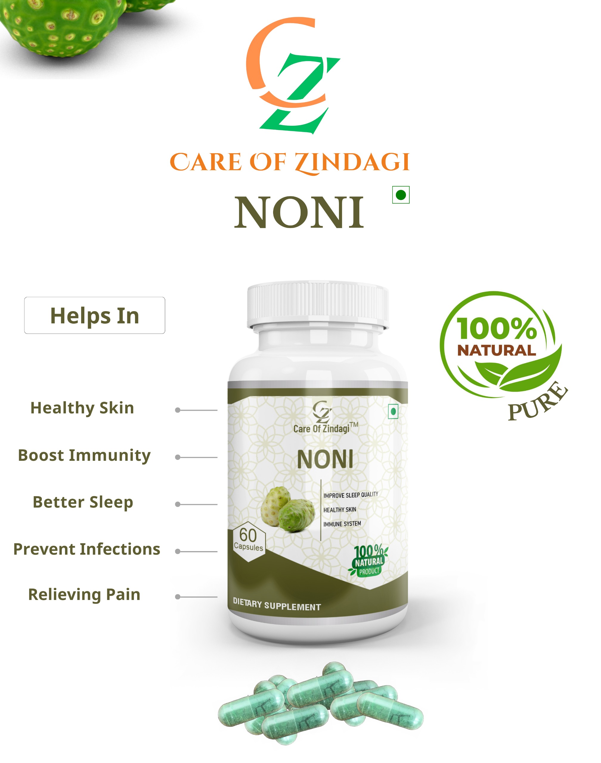 Care Of Zindagi Noni capsules 500mg For Healthy Skin, Immunity & Healthy Better Sleep - 60 capsules - 60 Capsules, April-2023, 24 Months