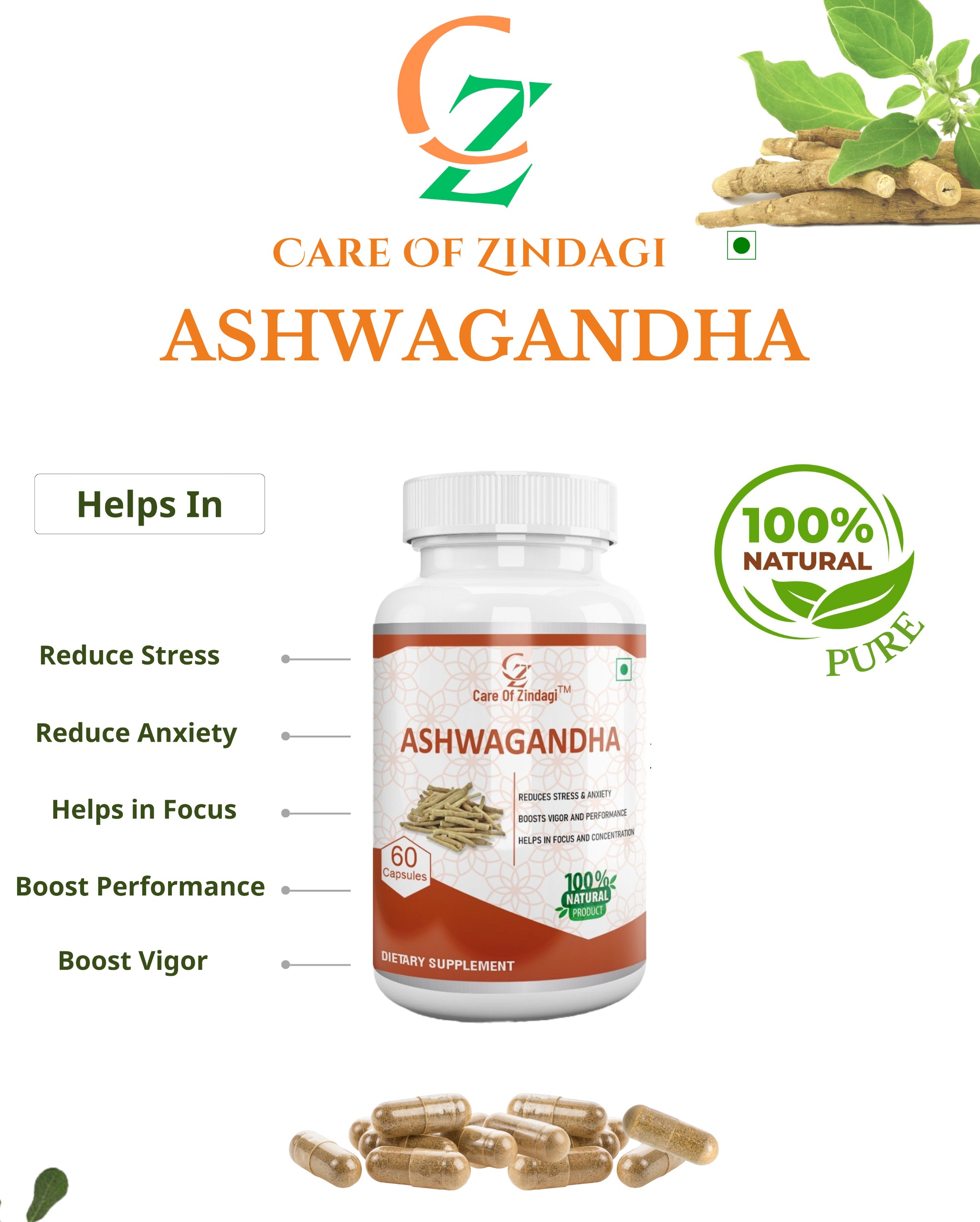 Care Of Zindagi Ashwagandha Capsules 500mg For Reduce Stress, Anxiety & Boost Performance - 60 Capsules - 60 capsules, Nov-2023, 24 Months