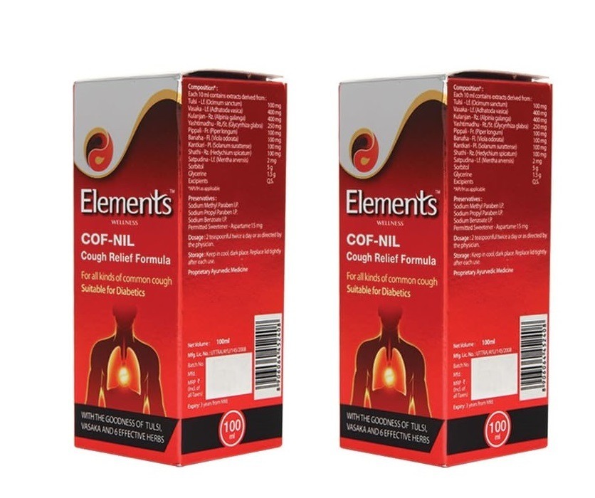 Elements Wellness COF NIL Cough Syrup for All types of Cough - 100ml | NO ADDED SUGAR with Tulsi, Vasaka & 7 Active Herbs (Pack of 2) 