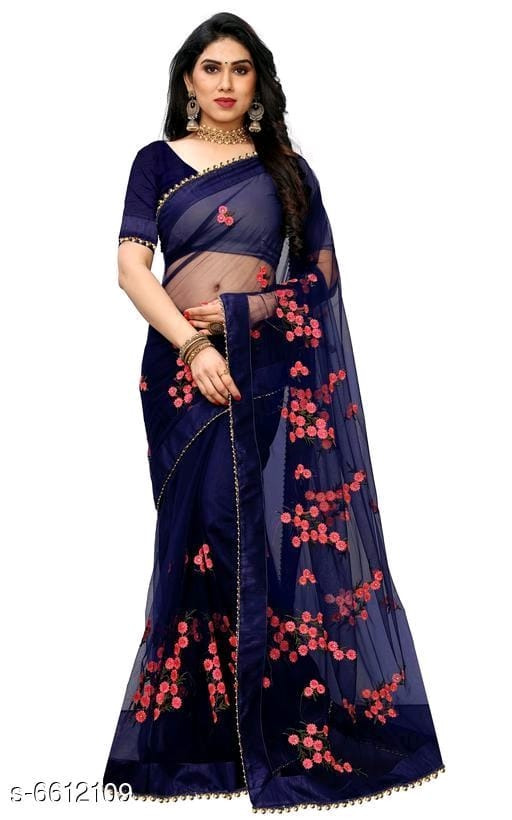 Blue Banarasi Net Saree With Lace Border
