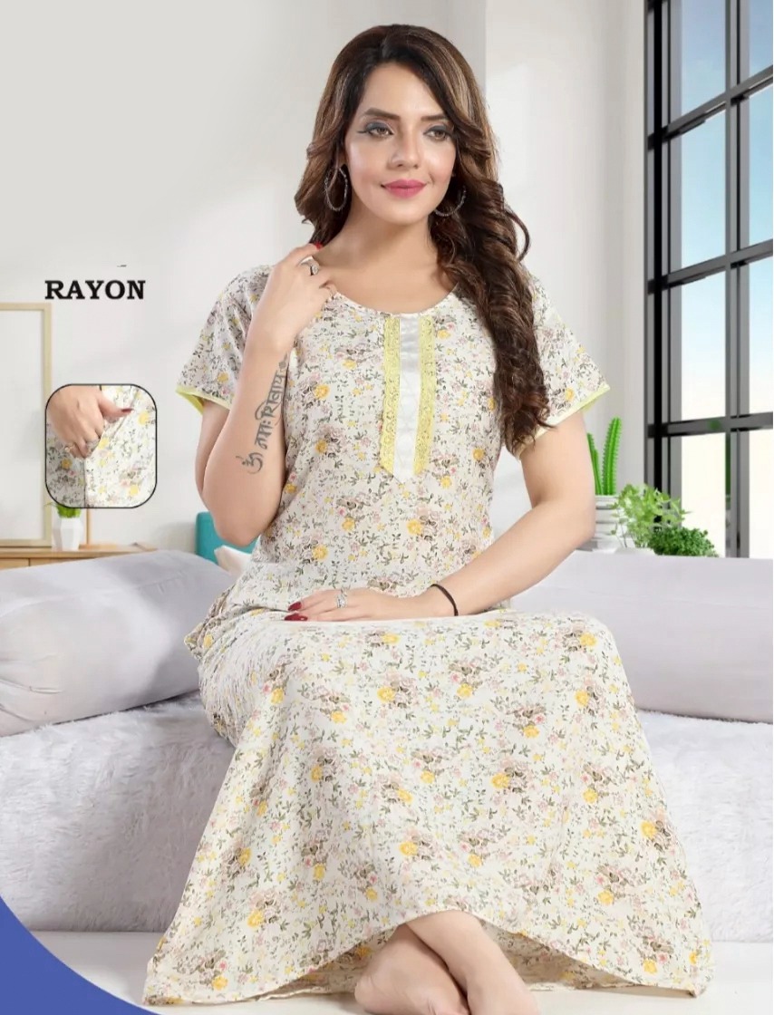 Premium Quality Rayon Round Neck Printed Straight Cut Night Gown For Women