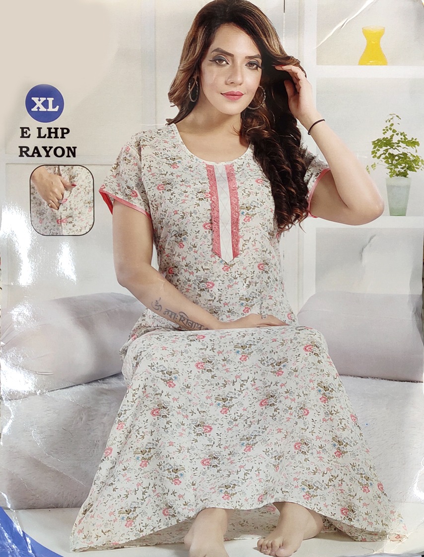 Premium Quality Rayon Round Neck Printed Straight Cut Night Gown For Women