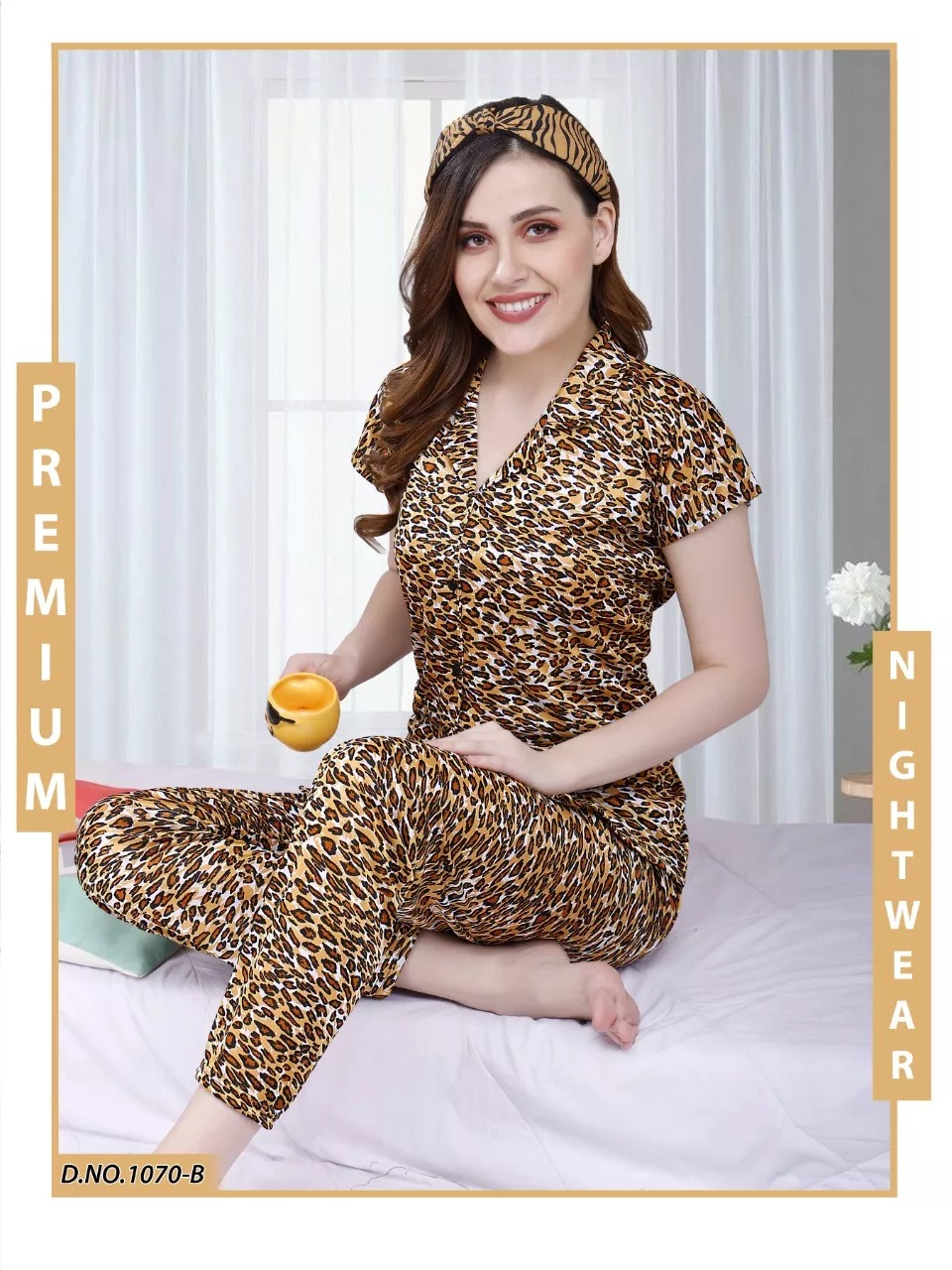 Cheetah Print Satin Half Sleeves Printed Night Suit For Women