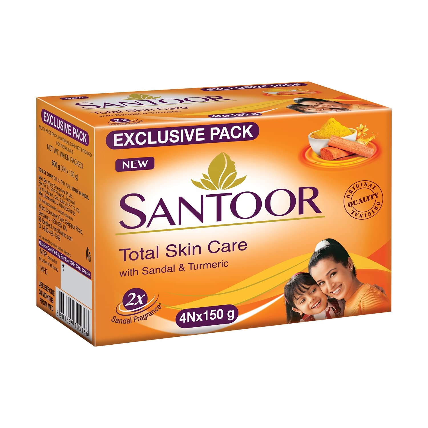 Santoor Santoor Sandal & Turmeric Bath Soap for Younger Looking & Glowing Skin, 150 g (Pack Of 4)
