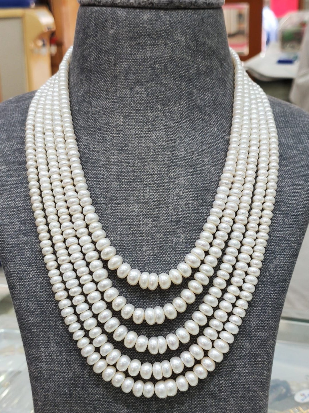 5 Layers Half Round Graduation Pearl Mala - 18 - 21 inches, 4 - 6 MM, White