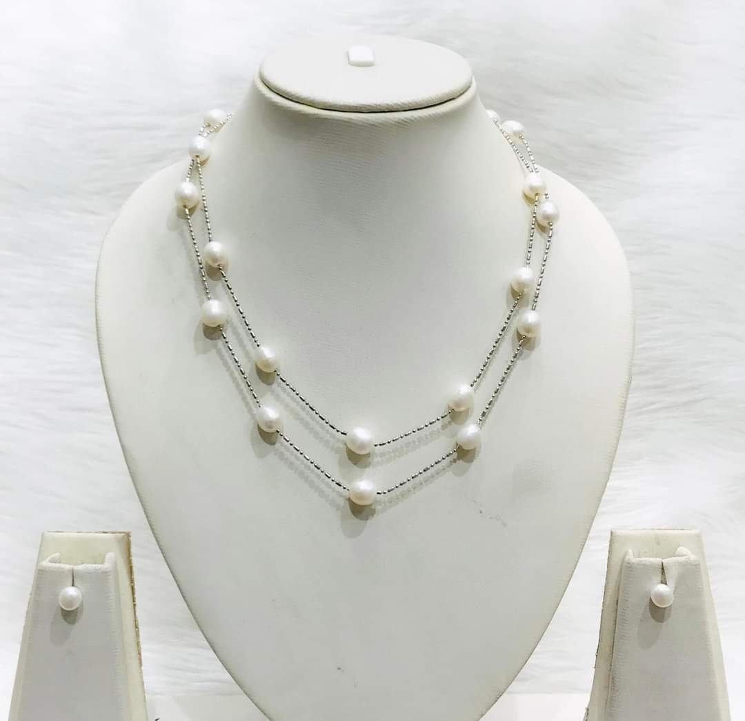 2 Layers Pearl Silver Plated Chain - PCM 105 - 17-18 Inches, White, 4 MM